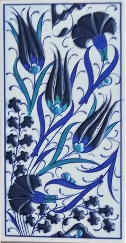 10x20 Cm Üç Lale Mavi Beyaz El Dekoru Çini