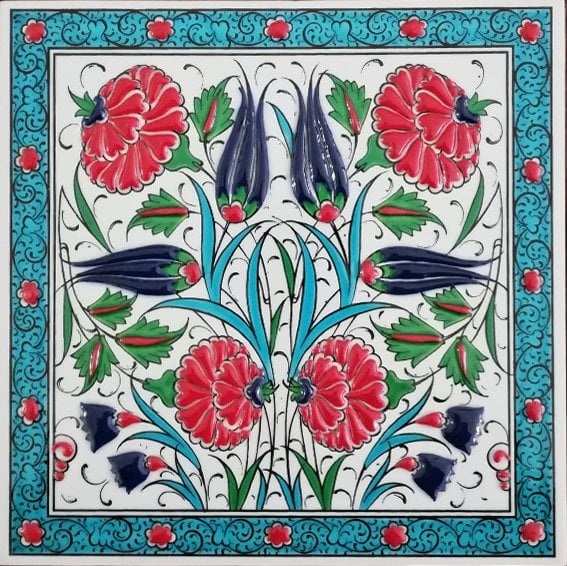 20x20 Cm Turkuaz Lale Karanfil El Dekoru Çini Pano