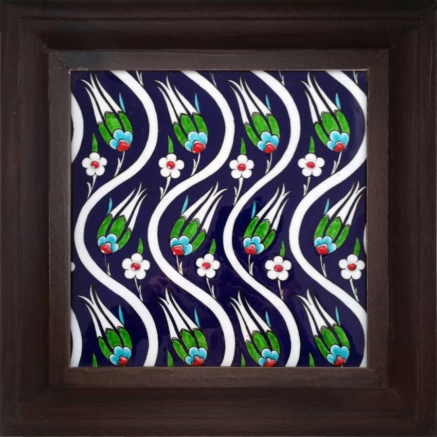 20x20 Cm Kobalt Sarmaşık Lale Kütahya Çini Pano