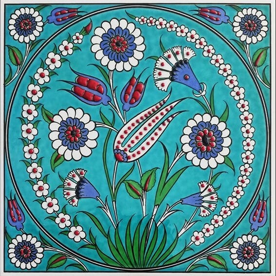 20x20 Cm Turkuaz Lale Desenli El Dekoru Çini karo