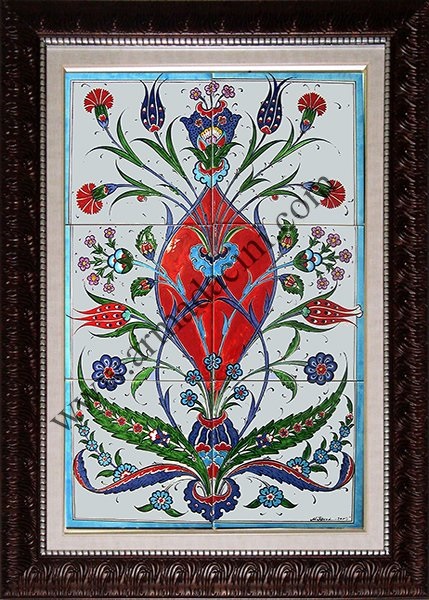 40x60 Cm Mavi Saksılı El Dekoru Çini Pano
